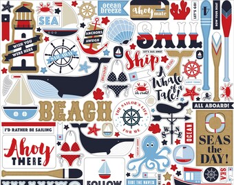 Deep Blue Sea - 12x12 Element Sticker Sheet - Carta Bella Nautical Summer Beach Scrapbook Cardmaking