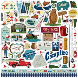 Gone Camping 12x12 Element Sticker Sheet - Carta Bella Family Camping Fishing Scrapbook Planner Photo Collage Tags