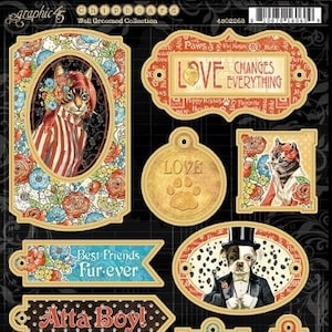 Graphic 45 - Well Groomed- Chipboard Embellishments Scrapbook Planner Tags Mixed Media Dog Cat Puppy Kitten