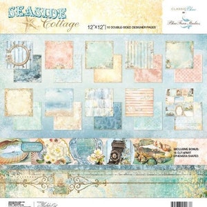 Blue Fern Studios - Seaside Cottage - 12" x 12" Paper Pack - 10 Sheets + 14 Ephemera Scrapbook Mixed Media