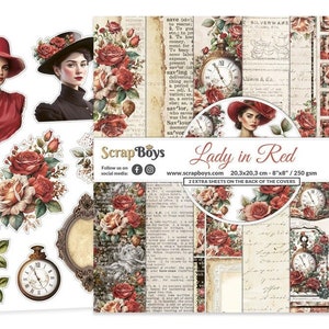 Lady In Red 8x8 Paper Pad - ScrapBoys Paper -  12 Double Sided Sheets + Cut Outs Scrapbook Journal Planner Cardmaking