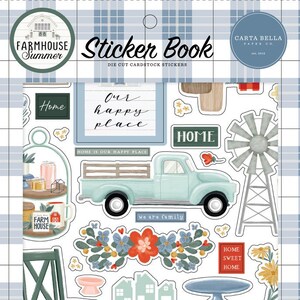 Carta Bella - Farmhouse Summer - Sticker Book -  Die Cut Cardstock Stickers 16 pages Icons Titles Words Borders Letters Beach