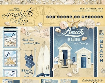 Graphic 45 - The Beach Is Calling - 8x8 Paper Collection Pack 24 sheets Tags Scrapbook Mixed Media Planner Journal