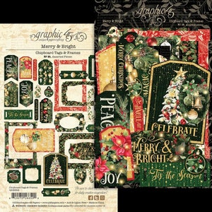 Graphic 45 - Merry & Bright - 30 pieces Chipboard Tags Frames Assortment Christmas Mixed Media Scrapbook Planner