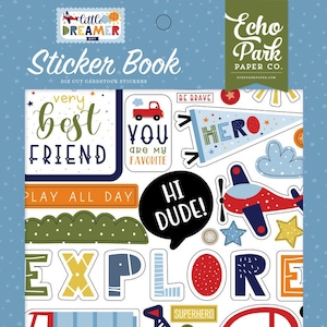 Echo Park - Little Dreamer Boy - Sticker Book -  Die Cut Cardstock Stickers 16 pages Icons Titles Words Borders Letters Planner Scrapbook