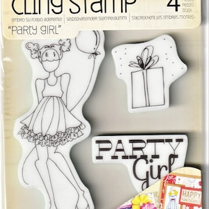 Julie Nutting Doll Stamp Set &quot;Party Girl&quot; 4 Stamps Cling Rubber Mixed Media Planner Birthday Card Tags Prima Marketing 910495