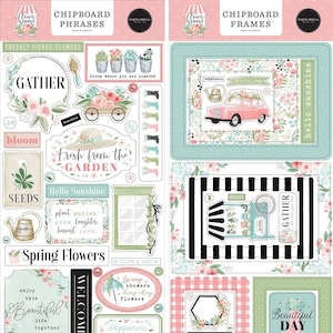 Flower Garden (2) 6"x13" Chipboards Set Carta Bella - Frames + Phrases Scrapbook Journal