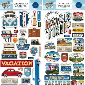 Road Trip (2) 6"x13" Chipboards Set Carta Bella - Accents + Phrases Scrapbook Journal Vacation