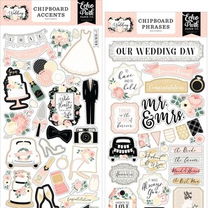 Echo Park - Wedding (2) 6x13 Chipboards Set - Accents + Phrases Married Groom Bride