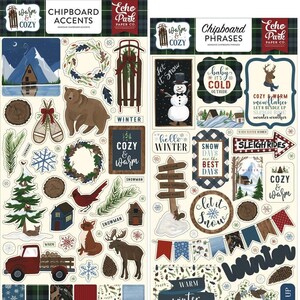 Echo Park - Warm & Cozy (2) 6x13 Chipboards Set - Accents + Phrases Snow Cabin Winter