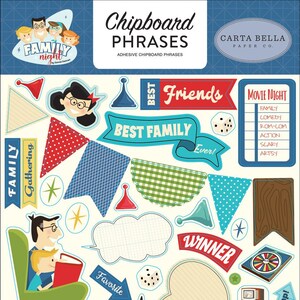 Family Night - 6x13 Chipboard Phrases Embellishment Carta Bella Scrapbook Planner Journal Retro Game