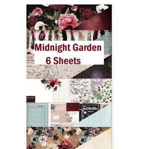 6 Sheets - Midnight Garden - Prima 12x12 Paper Set with Foil Double-sided Mixed Media Scrapbook Art Journal