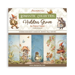 May include: A square scrapbooking pad titled Romantic Collection Hidden Grove by Farrel Tailor. The cover features illustrations of a gnome, a hedgehog, and woodland scenes with mushrooms, a frog, and a squirrel. It contains 10 double-faced sheets.