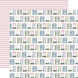 May include: A seamless pattern of various pastel colored windows with different window treatments, including shutters, wreaths, and flower boxes. The windows are arranged in a grid pattern on a white background.