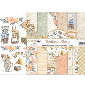 Bedtime Story 8x8 Paper Pad - ScrapBoys Paper - 12 Double Sided Sheets + Cut Outs Scrapbook Planner Cardmaking