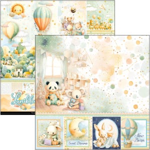 Puede incluir: Una colecci&oacute;n de hojas de papel de scrapbook estilo acuarela con tem&aacute;tica de beb&eacute;. Los dise&ntilde;os incluyen globos aerost&aacute;ticos, animales lindos y los textos "Sweet Dreams" y "New Born". La paleta de colores es suave, con tonos pastel de azul, amarillo y verde.
