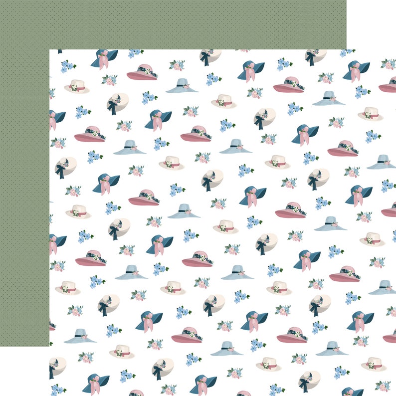 May include: A seamless pattern of blue, pink, and white sun hats with floral accents on a white background.