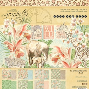 Graphic 45 - Wild & Free -  8x8 Paper Pad 24 sheets Jungle safari Tags Scrapbook Mixed Media Planner
