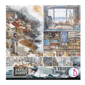 Könnte beinhalten: Ein Papierblock mit künstlerischem Thema. Der Block zeigt eine Collage von Bildern, darunter eine Küstenlandschaft, ein Künstleratelier und verschiedene Kunstutensilien. Der Text "AN ARTIST JOURNEY" ist sichtbar.