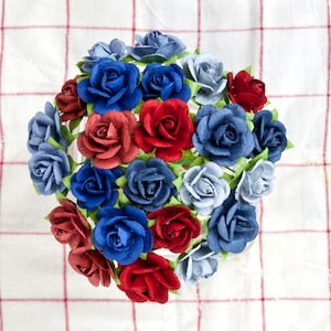 Prima Flowers Liberty - Small Rose 24 pieces Paper Flowers Scrapbook Cards Tags Planner Red White Blue Party 566951