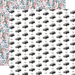 May include: A white background with a repeating pattern of black London taxis with white accents and floral details. The taxis are decorated with small floral arrangements on the hood and roof.