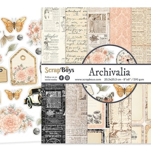 Archivalia 8x8 Paper Pad - ScrapBoys Paper - 12 Double Sided Sheets + Cut Outs Scrapbook Planner Cardmaking