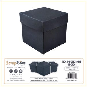 Set (3) Exploding Boxes Black - ScrapBoys Paper -  10cm x 10cm x 10cm Scrapbook Photo Gift