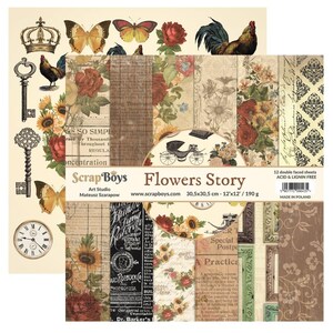 Flowers Story 12x12 Paper Pad - ScrapBoys Paper - 12 Double Sided Sheets + Cut Outs Scrapbook Planner Cardmaking