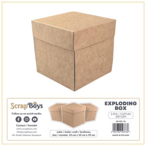 Set (3) Exploding Boxes Kraft - ScrapBoys Paper -  10cm x 10cm x 10cm Scrapbook Photo Gift