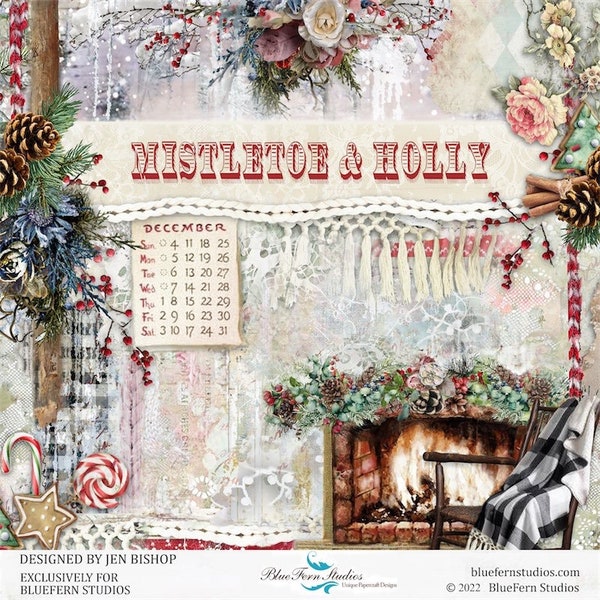 Blue Fern Studios - Mistletoe & Holly - 12" x 12" Paper Collection Set - 10 Double-sided Sheets Vintage Christmas Scrapbook Mixed Media