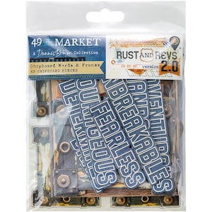 May include: A package of chipboard words and frames from the 49 and Market Dennis Briton Collection. The package includes 43 chipboard pieces with words like "Fearless" and "Breakables" in a blue and white design. The package also has the text "Rust and Revs 2.0".