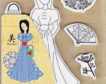 Julie Nutting Doll Stamp "Kyoko" Cling Rubber 9 pieces Mixed Media Planner Card Tags Prima Marketing 912925