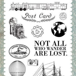 Carta Bella - Post Card 4x6 Clear Designer Stamps 11 pieces 'Old World Travel' Retro Vintage Vacation Scrapbook Planner Tags Mixed Media