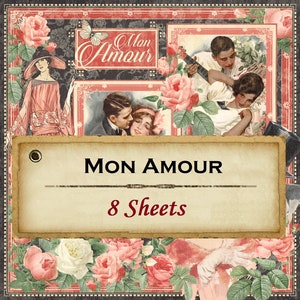 8 Sheets Graphic 45 - Mon Amour - 12x12 Paper Collection 8 Designs Love Romance Mixed Media Scrapbook