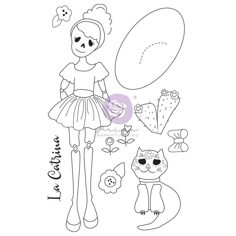 Pode incluir: Ilustra&ccedil;&atilde;o de linha preta e branca de uma boneca esqueleto usando um vestido e um chap&eacute;u. A boneca &eacute; rotulada como "La Catrina". A ilustra&ccedil;&atilde;o tamb&eacute;m inclui um gato, um cacto e flores.