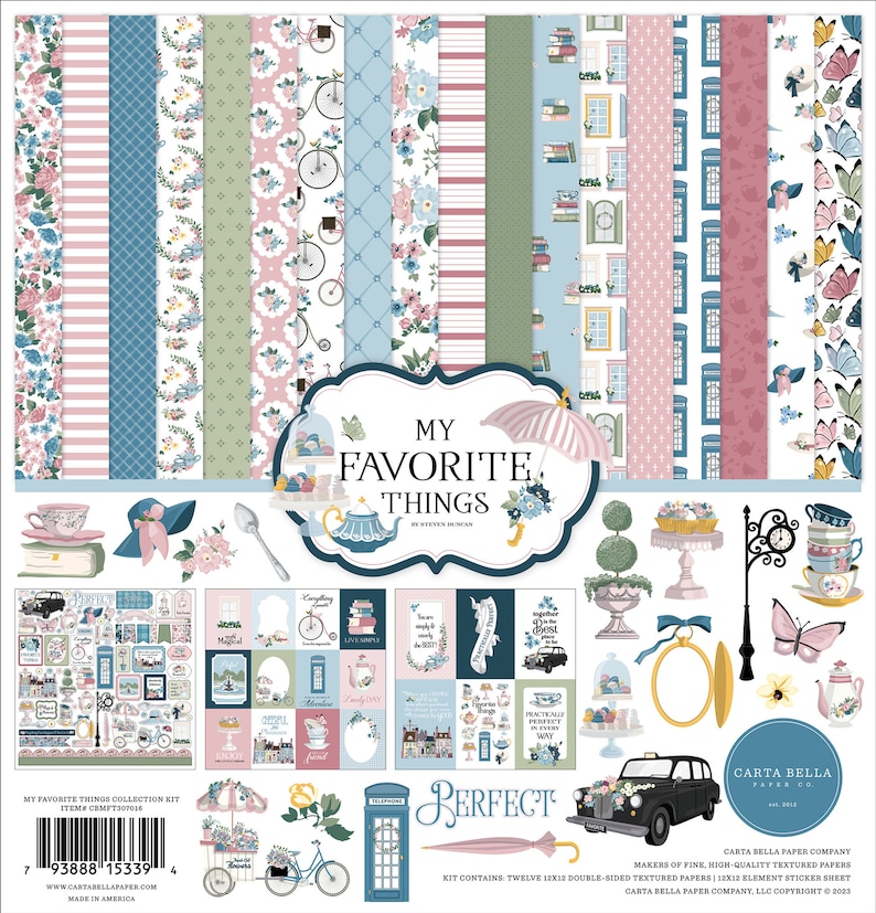 May include: A paper crafting kit with a blue, pink, and green color scheme. The kit includes twelve 12x12 double-sided textured papers, a 12x12 element sticker sheet, and the words 'My Favorite Things' and 'Perfect'.