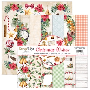 Christmas Wishes 12x12 Paper Pad - ScrapBoys Paper - 12 Double Sided Sheets + Cut Outs Scrapbook Vintage Planner Cardmaking