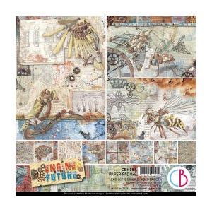 Ciao Bella - Engine Of The Future - 8x8 Paper Pad 12 Double Sided Sheets Cardstock Scrapbook Mixed Media Steampunk Gears