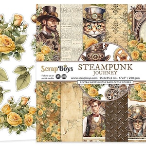 Steampunk Journey 6x6 Paper Pad - ScrapBoys Paper - 24 Double Sided Sheets + Extra Cut Outs for Scrapbook Planner Cardmaking
