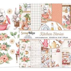 Kitchen Stories 8x8 Paper Pad - ScrapBoys Paper - 12 Double Sided Sheets + Cut Outs Scrapbook Planner Cardmaking