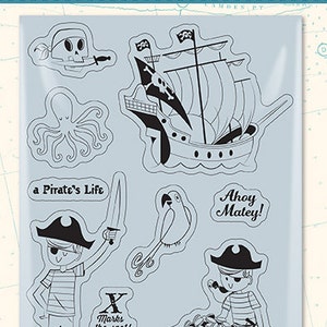 October Afternoon TREASURE MAP A Pirate's Life Rubber Stamp Set 9pc Scrapbook Nautical Card Mixed Media Ship Kids