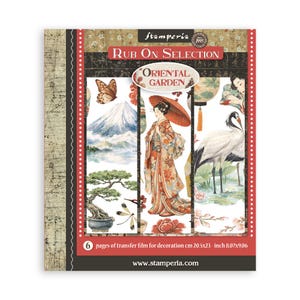 May include: A Stamperia Rub On Selection Oriental Garden transfer film set featuring six pages of decorative designs including a mountain, a person in a kimono with an umbrella, a crane, a bonsai tree, a butterfly, and flowers, measuring 8.07x9.06 inches.
