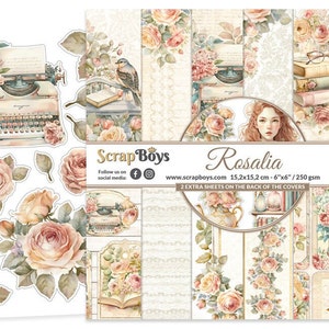 Rosalia 6x6 Paper Pad - ScrapBoys Paper - 24 Double Sided Sheets + Extra Cut Outs for Scrapbook Planner Cardmaking