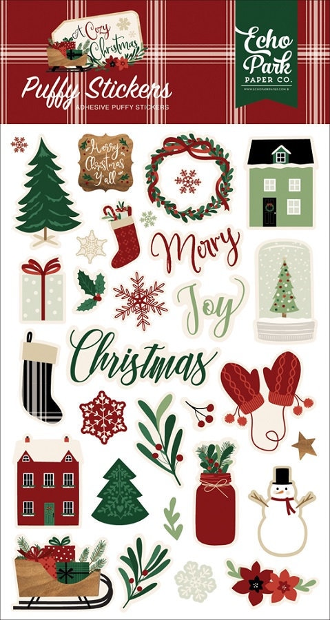 Echo Park - A Cozy Christmas Puffy Stickers Scrapbook Wall Art Gift Tags  Mixed Media Home Planner