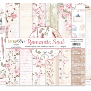 Romantic Soul 12x12 Paper Pad - ScrapBoys Paper - 12 Double Sided Sheets + Cut Outs Scrapbook Planner Cardmaking