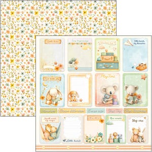 Puede incluir: Un conjunto de papel de scrapbook con un patr&oacute;n floral y tarjetas decorativas. Las tarjetas presentan ilustraciones de animales, estrellas y texto como "Little Bites", "Tiny beginnings" y "Play Time". La paleta de colores incluye pasteles suaves.