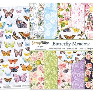 Bloc de papel de 12 x 12 con diseño de pradera de mariposas, papel ScrapBoys, 12 hojas de doble cara + recortes para álbum de recortes, planificador de primavera, creación de tarjetas