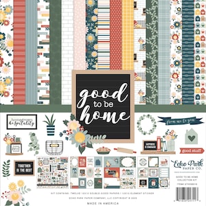 May include: A scrapbook paper collection kit featuring a chalkboard sign that reads "good to be home". The kit includes 12 double-sided papers, 1 element sticker, and a variety of floral and home-themed designs. The kit is made in America.