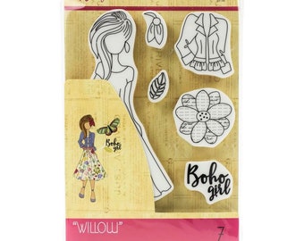 Julie Nutting Doll Stamp "Willow" Cling Rubber 7 pieces Mixed Media Planner Card Tags Prima Marketing 913069