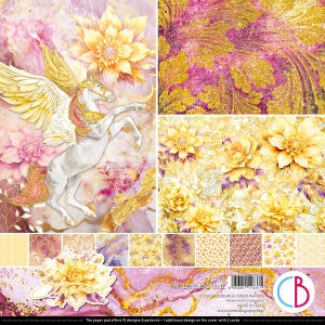 May include: A collection of patterned paper pads with a floral and fantasy theme. The pads feature a white Pegasus with gold wings, yellow flowers, and various gold and pink abstract designs. The text "Ethereal" is visible on the cover, along with the product details.
